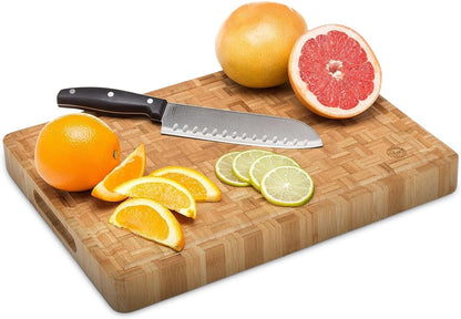 End Grain Wood Bamboo Cutting Board for Kitchen, Commercial Use - Extra Large, Thick Butcher Block with Juice Groove, Handles, and Non-Slip Feet for Chopping Veggies, Carving Meat, Bread and Cheese