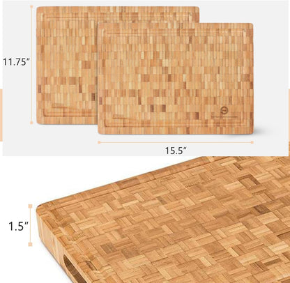 End Grain Wood Bamboo Cutting Board for Kitchen, Commercial Use - Extra Large, Thick Butcher Block with Juice Groove, Handles, and Non-Slip Feet for Chopping Veggies, Carving Meat, Bread and Cheese