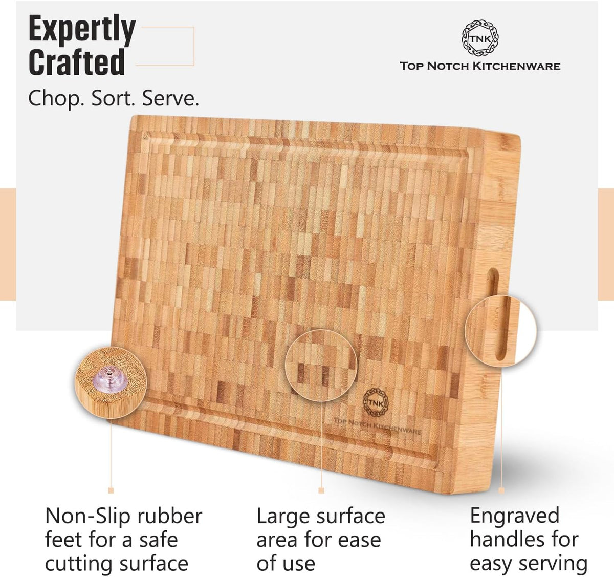 End Grain Wood Bamboo Cutting Board for Kitchen, Commercial Use - Extra Large, Thick Butcher Block with Juice Groove, Handles, and Non-Slip Feet for Chopping Veggies, Carving Meat, Bread and Cheese