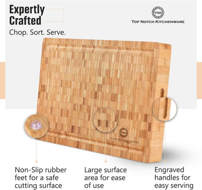 End Grain Wood Bamboo Cutting Board for Kitchen, Commercial Use - Extra Large, Thick Butcher Block with Juice Groove, Handles, and Non-Slip Feet for Chopping Veggies, Carving Meat, Bread and Cheese