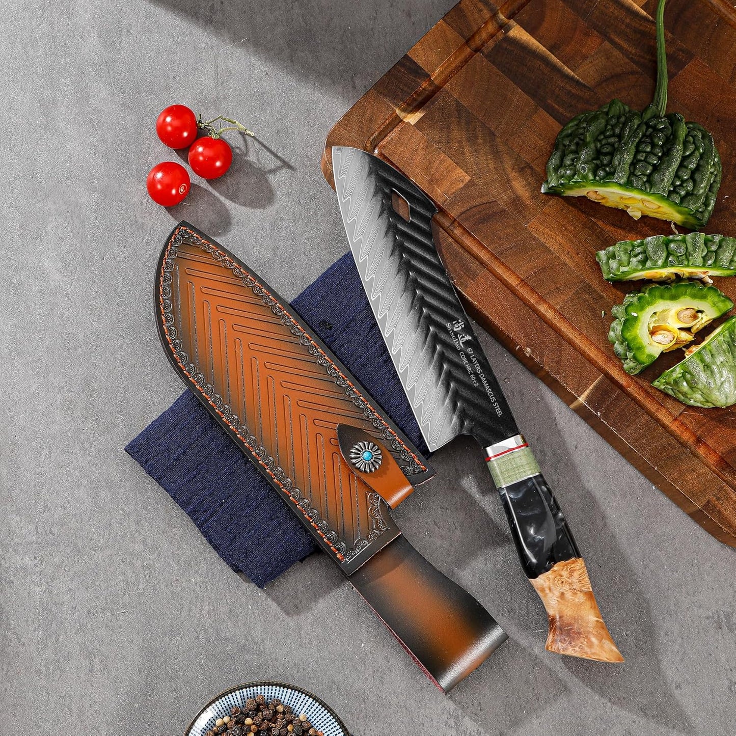 SHANGDAO Damascus Chef Knife 8 Inch,67 Layers Alloy Steel Professional Kitchen Knives with Leather Sheath, Hand Forged Resin & Wood Handle QILIN Series