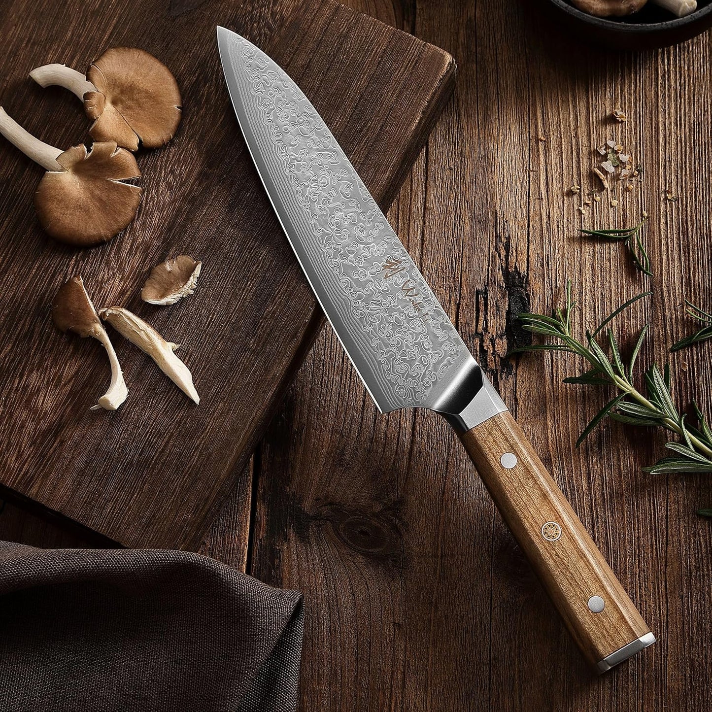 Wakoli Oribu Damascus Kiritsuke Chef’s Knife – Full Tang Kitchen Knife with 8-Inch Blade made of 67-Layer Genuine Damascus Steel and VG10 Core – Ergonomic Olive Wood Handle in Elegant Gift Box