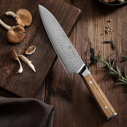 Wakoli Oribu Damascus Kiritsuke Chef’s Knife – Full Tang Kitchen Knife with 8-Inch Blade made of 67-Layer Genuine Damascus Steel and VG10 Core – Ergonomic Olive Wood Handle in Elegant Gift Box