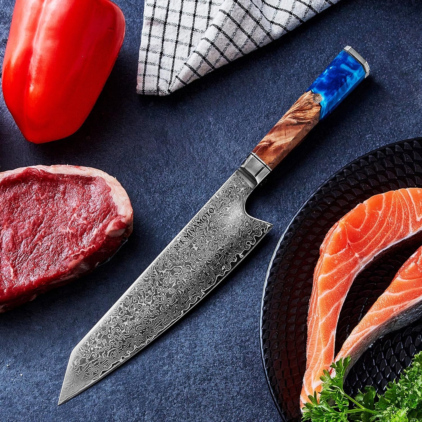 Miyamoto 8-Inch Japanese Damascus Chef Knife, 67-Layer Steel, Ultra-Sharp High Carbon Blade with Resin Handle for Precision Chopping and Carving