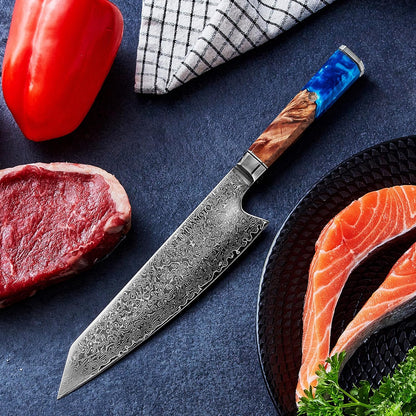Miyamoto 8-Inch Japanese Damascus Chef Knife, 67-Layer Steel, Ultra-Sharp High Carbon Blade with Resin Handle for Precision Chopping and Carving
