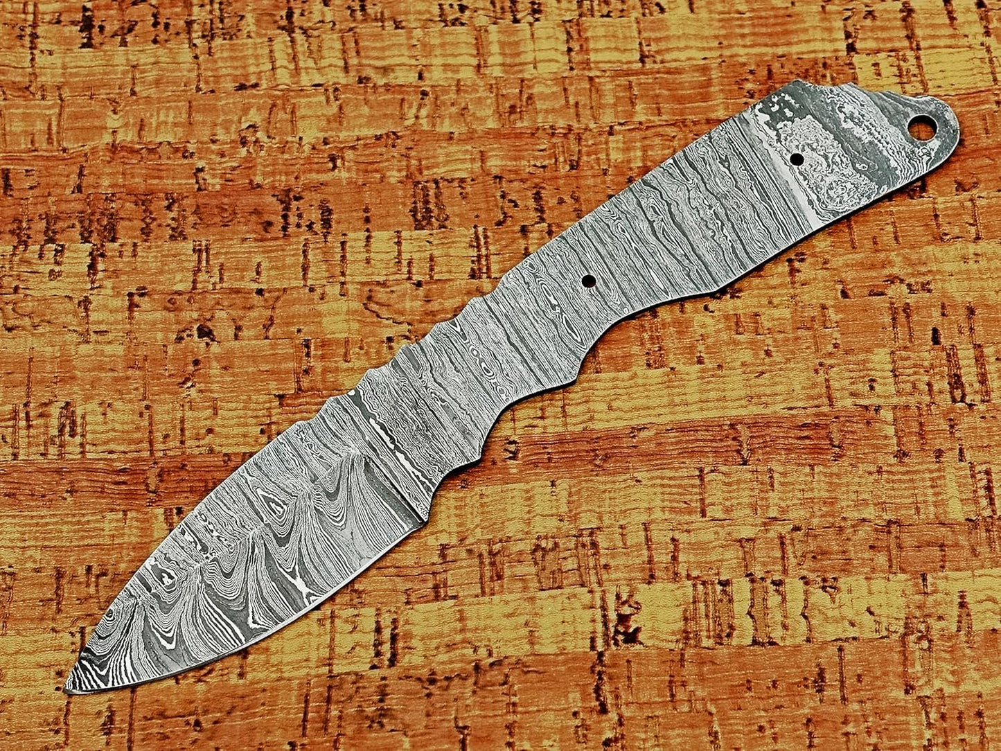 knife making rain drop pattern Damascus steel blank blade, 10.5 inches long hand forged straight back skinning knife, hunting knife, 4.5" scale space with 3 Pin and a lace hole, 5.25 inches cutting edge
