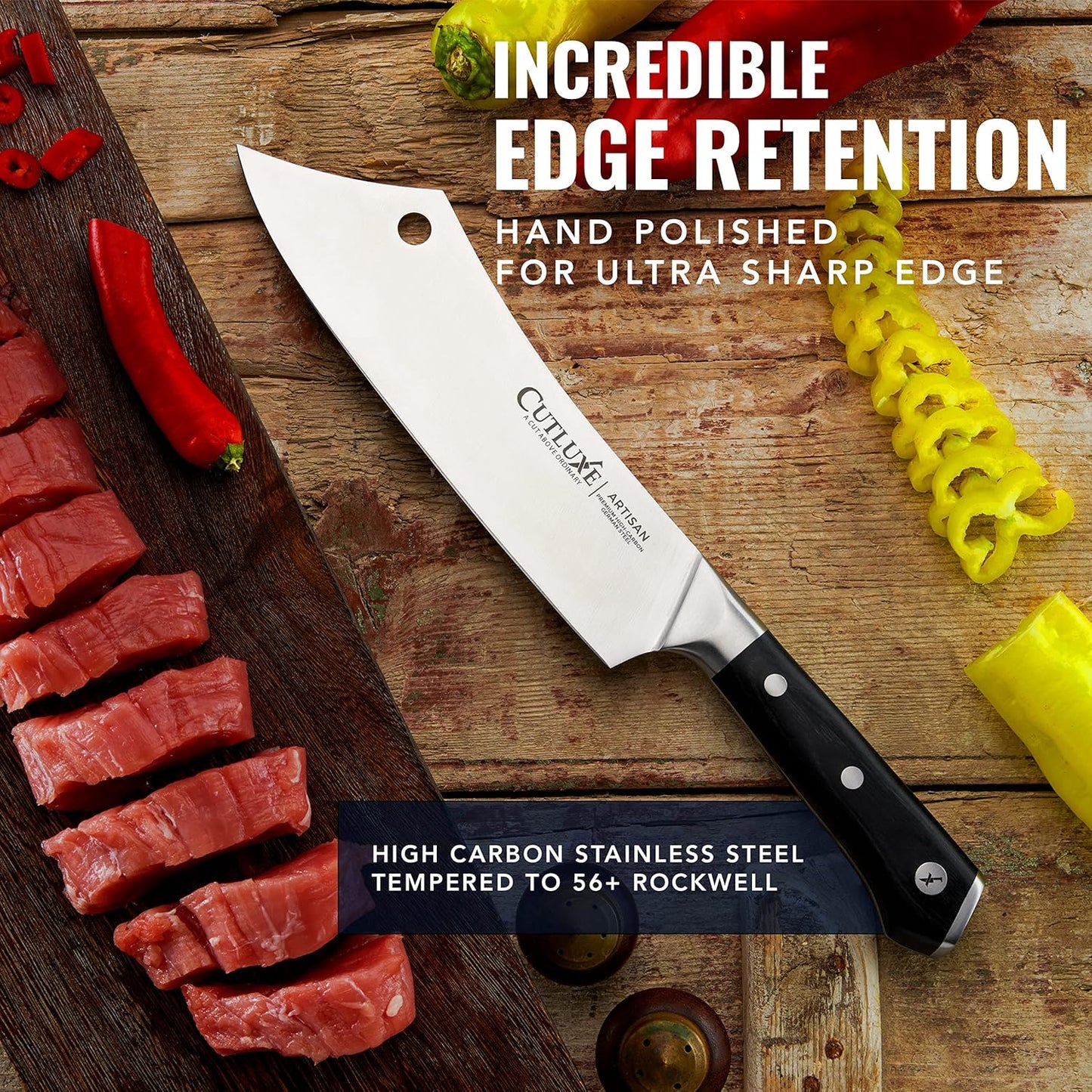 Cutluxe Meat Cleaver Knife - 7" Heavy Cleaver Butcher Knife, Razor Sharp German Steel Blade, Full Tang, Ergonomic Handle Design – Artisan Series