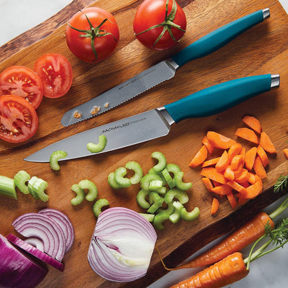 Rachael Ray Cutlery Japanese Stainless Steel Knives Set with Sheaths, 8-Inch Chef Knife, 5-Inch Santoku Knife, and 3.5-Inch Paring Knife, Teal