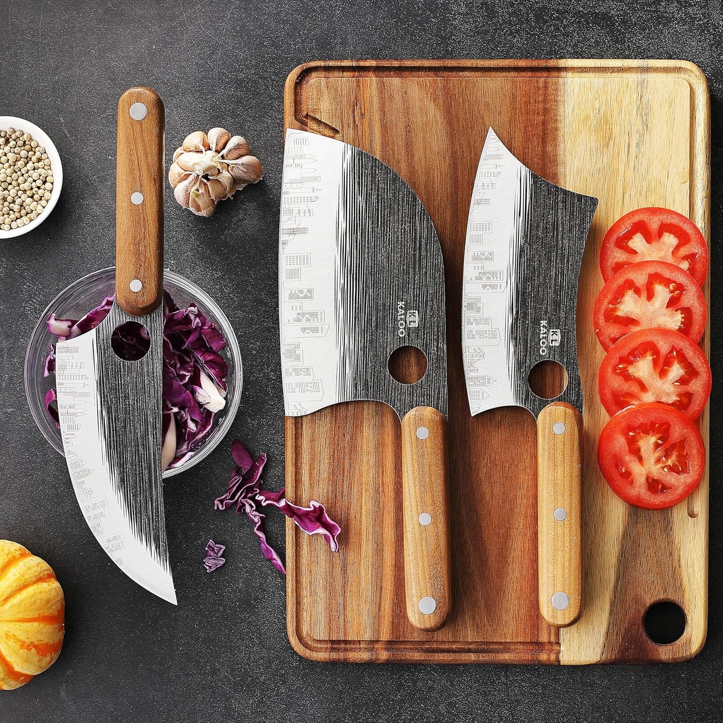 3 PCS Butcher Knife Set, Kaloo 7" Butcher Meat Cleaver, 7" Serbian Chef Knife and 6.5" Viking Knife, Hand Forged Butcher Knives with Wood Handle for Home, Outdoor Cooking, Camping BBQ
