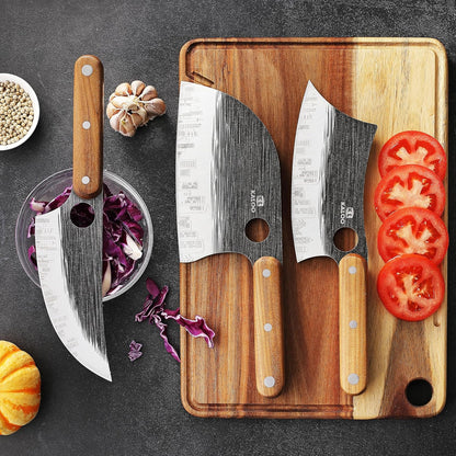 3 PCS Butcher Knife Set, Kaloo 7" Butcher Meat Cleaver, 7" Serbian Chef Knife and 6.5" Viking Knife, Hand Forged Butcher Knives with Wood Handle for Home, Outdoor Cooking, Camping BBQ