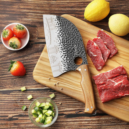 OLULU 3PCS Butcher Knife Set, 7" Butcher Meat Cleaver, 7" Serbian Chef Knife and 6.5" Viking Knife, Kitchen Knife Set with wood Handle, Great for Indoor & Outdoor (Unique Pattern)