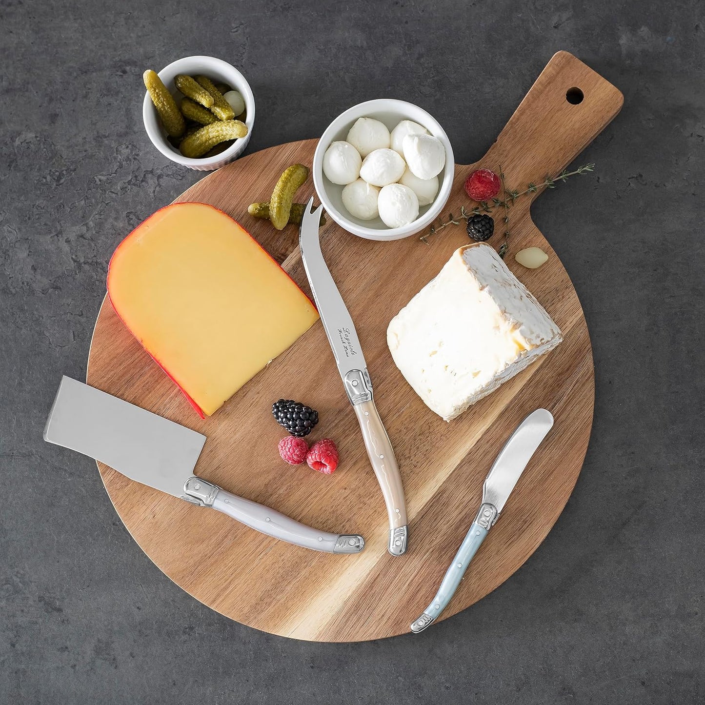 Laguiole Cheese Knife Set of 3 – Charcuterie Accessories w/Faux Ivory Handles – Includes 6.25" Cheese Spreader, 9.25" Spear & 8.5" Cleaver Knife