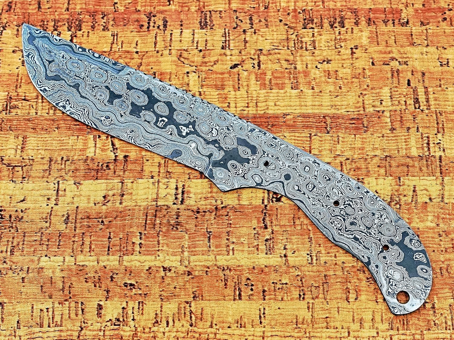 knife making rain drop pattern Damascus steel blank blade, 10.5 inches long hand forged straight back skinning knife, hunting knife, 4.5" scale space with 3 Pin and a lace hole, 5.25 inches cutting edge