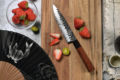 GRAND SHARP 5 inch Japanese Santoku Chef Knife, AUS10 3-layer High Carbon Stainless Steel Kitchen Cooking Knife, Professional Hand Forged Chef's Knives (Rosewood Handle & Gift Box& Sheath)