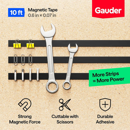 GAUDER Magnetic Tape Strong Self-Adhesive - Cut-to-Length Magnet Strip with High Magnetic Force - Heavy-Duty Adhesive Magnet Tape (10 ft x 0.6 in)