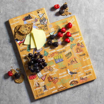 Totally Bamboo Tennessee State Shaped Cutting Board and Charcuterie Serving Platter with Artwork by Fish Kiss, Includes Hang Tie for Wall Display - Colors A