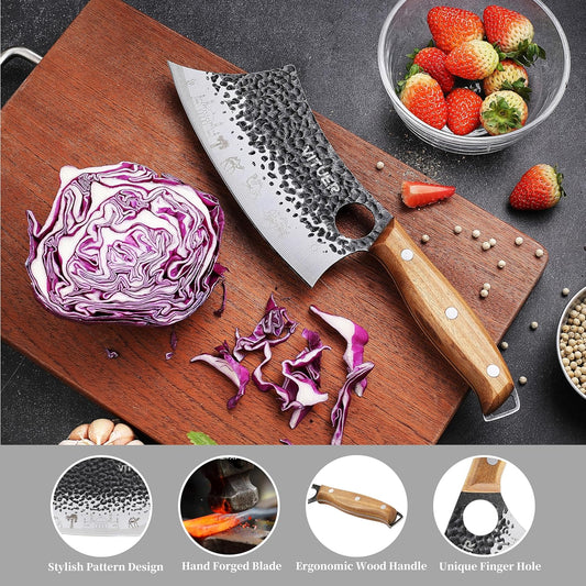 3PCS Butcher Knife Set, Hand Forged 7" Butcher Meat Cleaver, 7" Serbian Chef and 6.5" Viking Knife, Great for Indoor & Outdoor (Stylish Pattern Design)