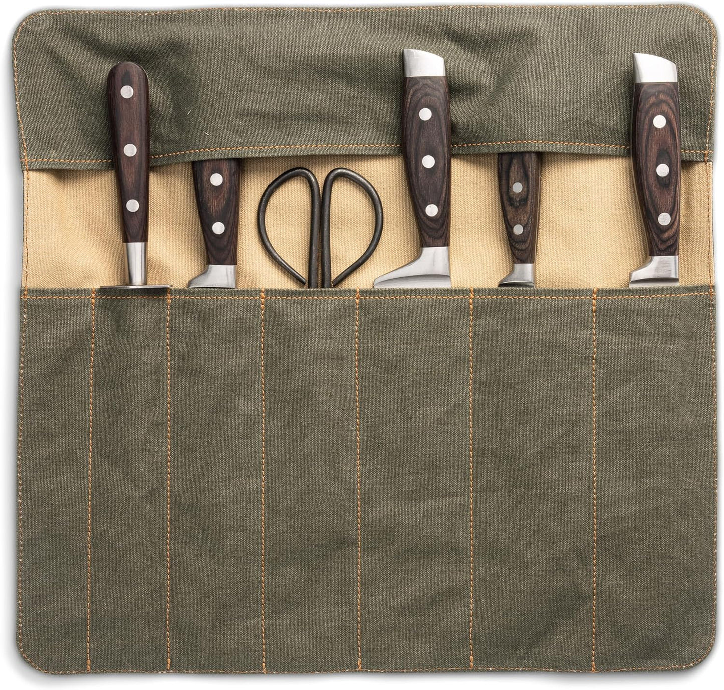 Angus Stoke Knife Bag made of durable Canvas & genuine Leather - Chef's Knife Roll Case for Cooking & BBQ - Knives storage case Lars (Olive-Green)