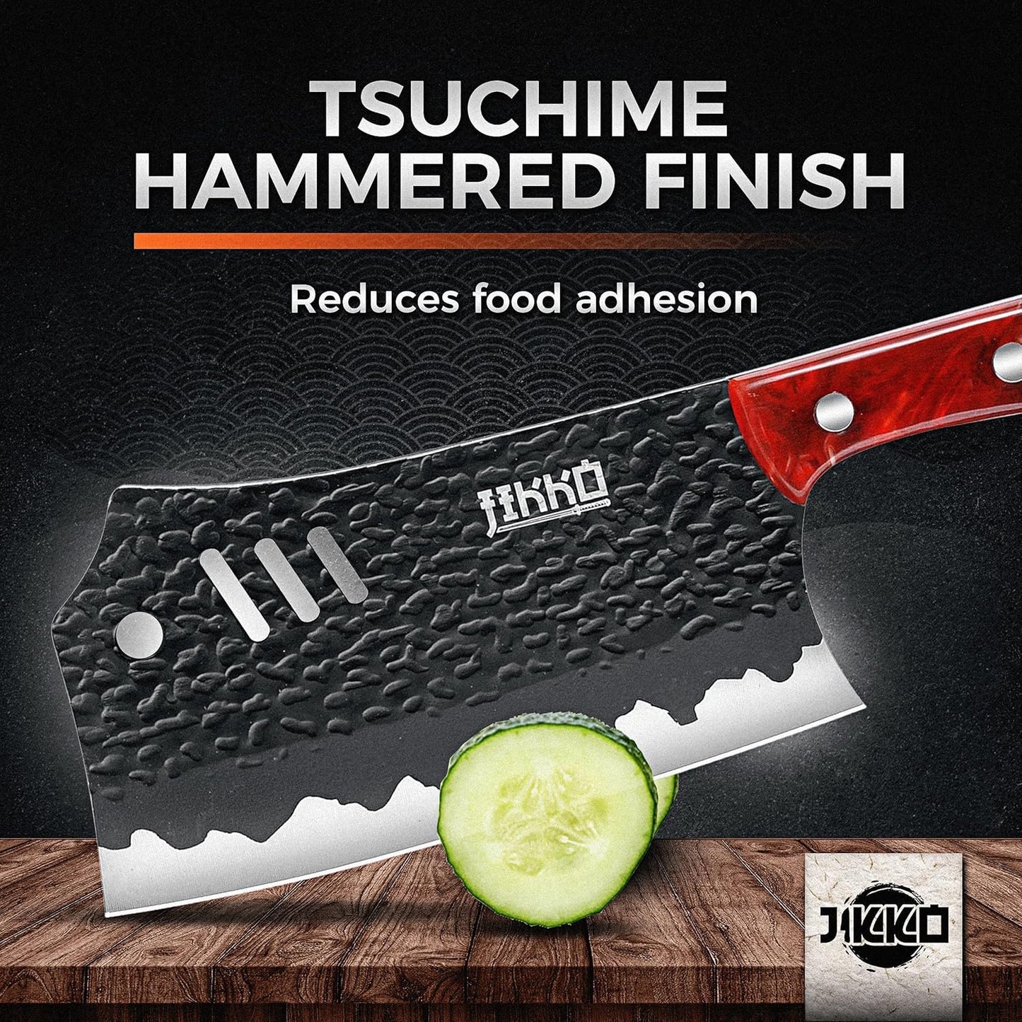Jikko Japanese Meat Cleaver Knife Phoenix Edition Cleaver, 7.3" Blade, Forged Hammered Blade, Olive Wood & Resin Handle, Butcher Knife Cleaver, Japanese Kitchen Knife