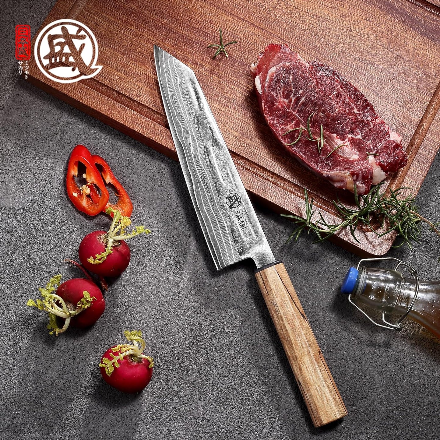 MITSUMOTO SAKARI 8 inch Kiritsuke Chef Knife, 129 Layers Damascus CPM S35VN Powder Steel, Hand Forged Japanese Kitchen Knife for Slicing, Trimming & Precise Cutting with Maple Wood Handle