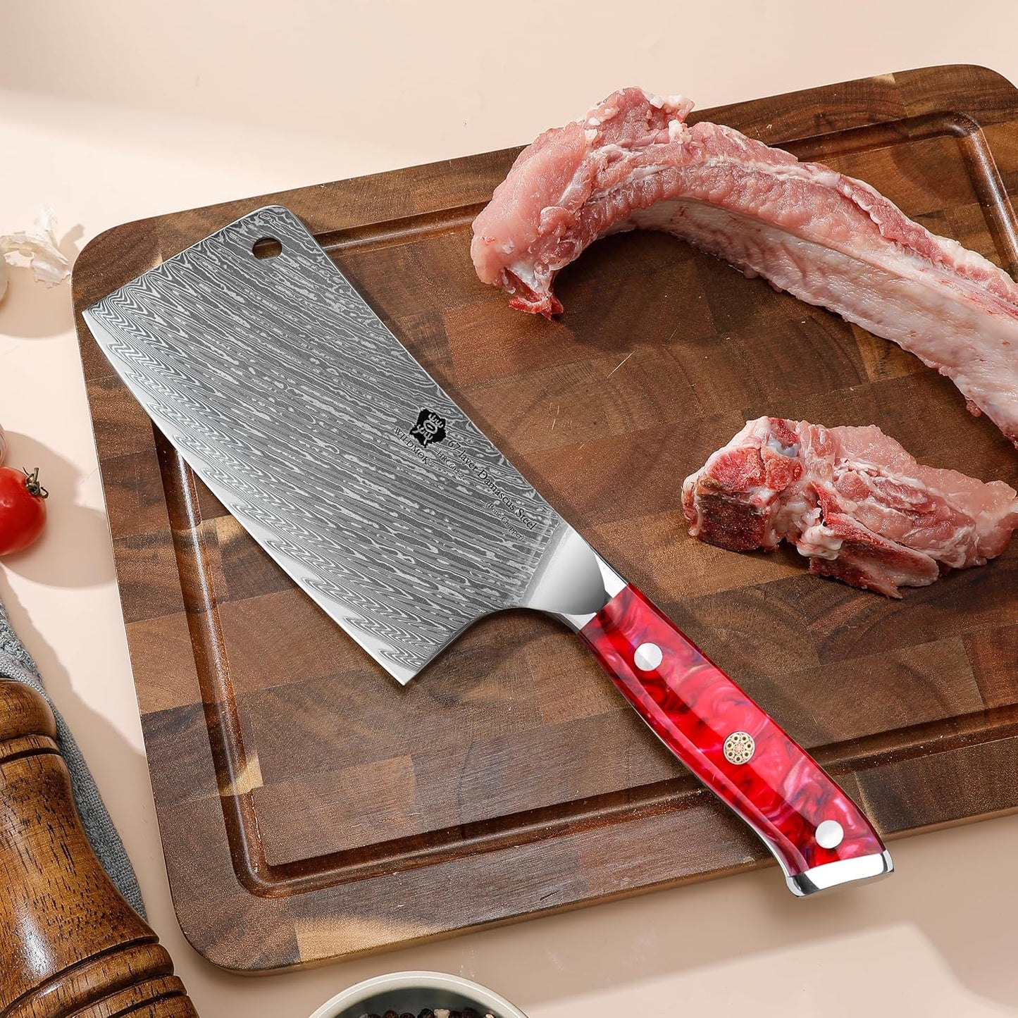 WILDMOK Meat Cleaver, 6.5 inch Heavy Duty Razor Sharp Kitchen Butcher Knife, Forged Damascus Steel, Resin Handle with gift box