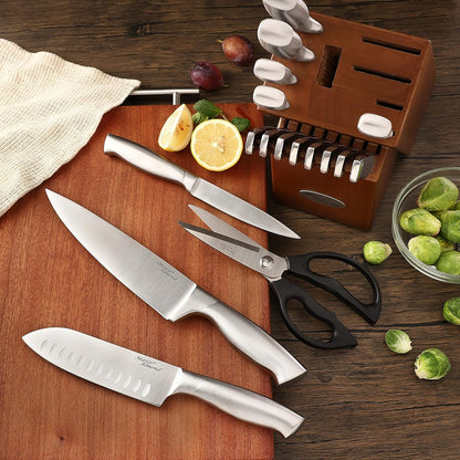 Marco Almond® Knife Block Set, KYA26 Knife Set with Block, 14 Pieces Stainless Steel Chef Kitchen Knives with Built-in Sharpener