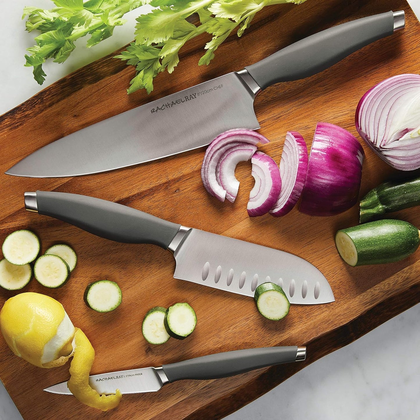 Rachael Ray Cutlery Japanese Stainless Steel Knives Set with Sheaths, 8-Inch Chef Knife, 5-Inch Santoku Knife, and 3.5-Inch Paring Knife, Teal