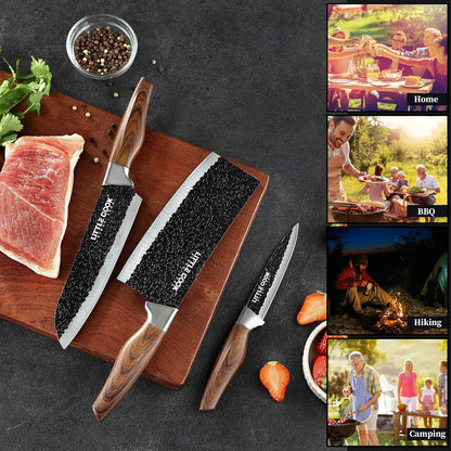 3PCS Chef Knife, Little Cook Chef Knife Set, Includes 7 inch Chef Knife, 7 inch Cleaver Knife and 4.5 inch Boning Knife, Premium Stainless Steel With Ergonomic Plastic Handle (Blackening technique)