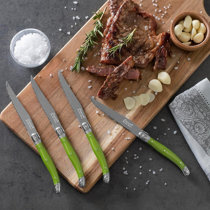 French Home Laguiole 4-Piece Steak Knife Set – Sophisticated Stainless Steel Dinner Knives with Navy Blue Handles & Iconic Bee Emblem – Serrated Knives for Smooth Cutting (9.25")