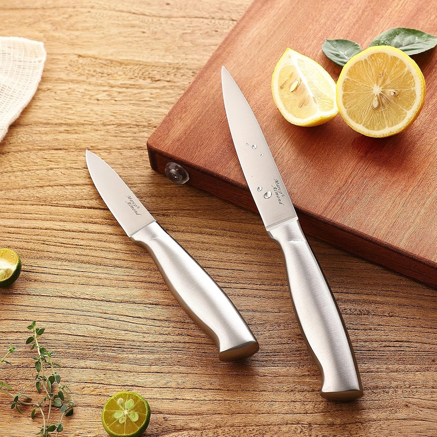 Marco Almond® Knife Block Set, KYA26 Knife Set with Block, 14 Pieces Stainless Steel Chef Kitchen Knives with Built-in Sharpener