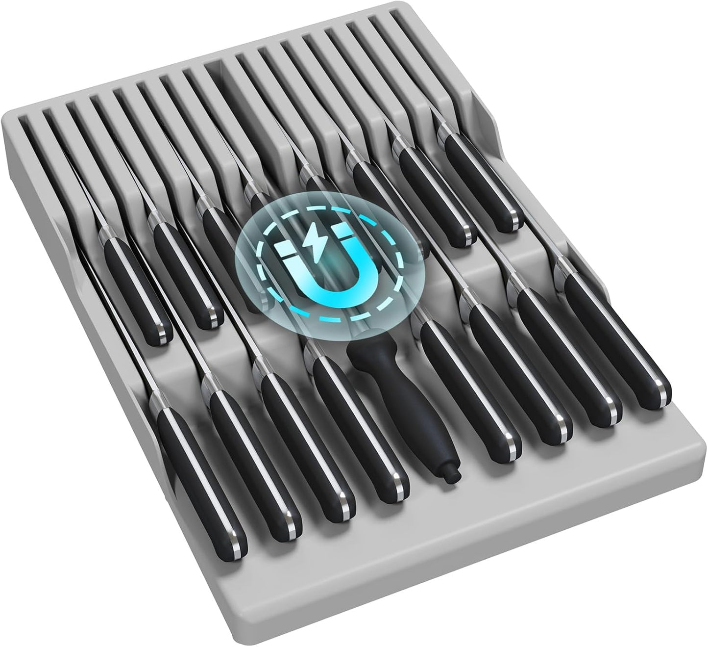Magnetic Drawer Knife Organizers Insert Pastic for 16 Knives, Gray | Kitchen Plastic In Drawer Knife Block Slots, Steak Chefs Knives Holder Storage for 16 Knives and 1 Sharpening Steel 16.5"