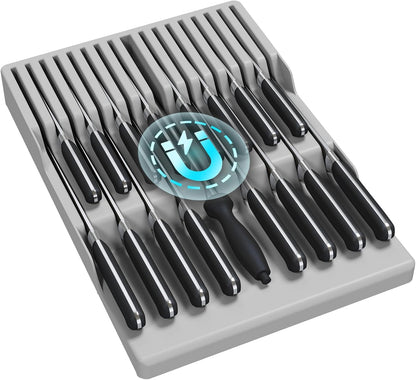 Magnetic Drawer Knife Organizers Insert Pastic for 16 Knives, Gray | Kitchen Plastic In Drawer Knife Block Slots, Steak Chefs Knives Holder Storage for 16 Knives and 1 Sharpening Steel 16.5"