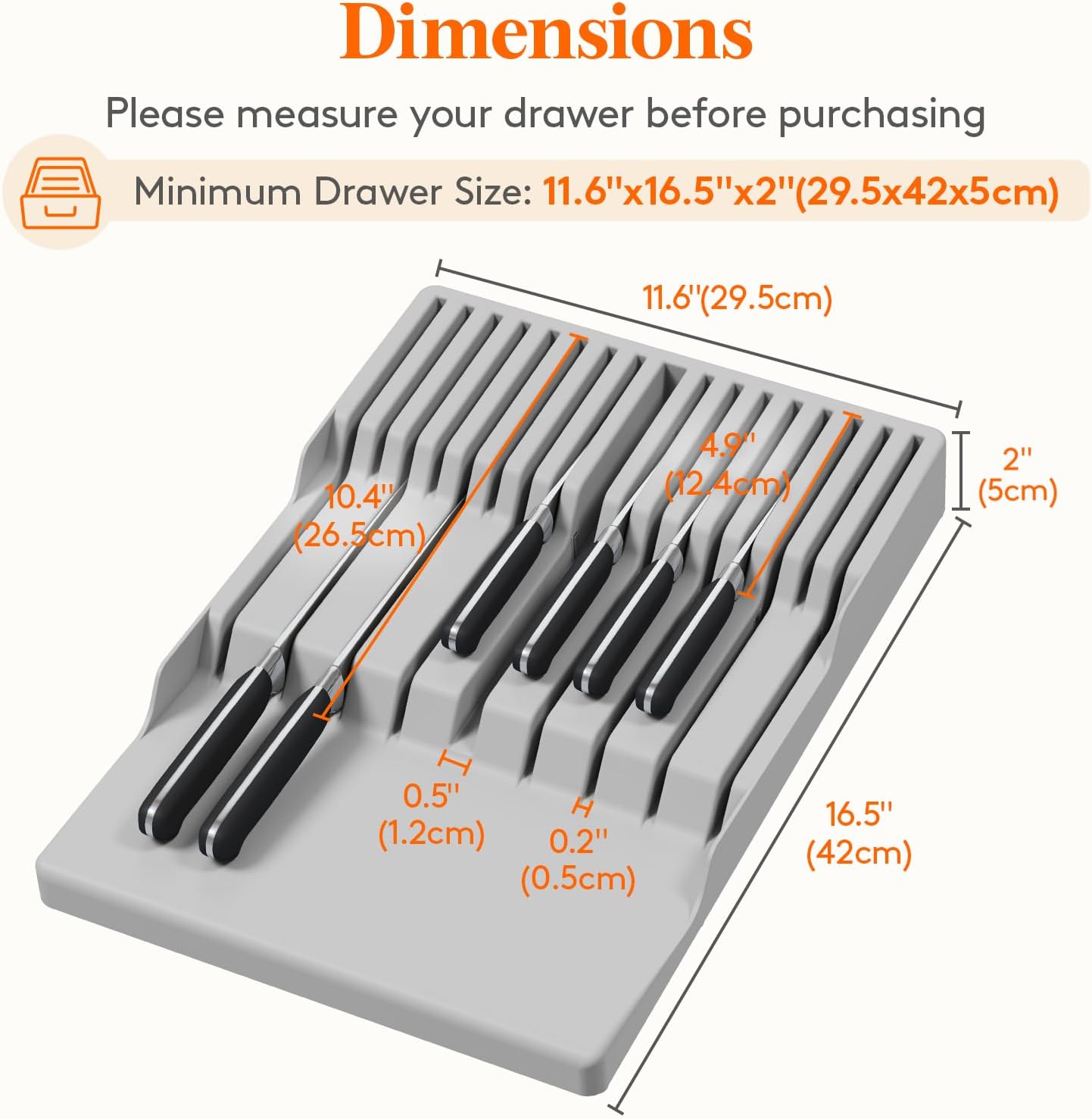 Magnetic Drawer Knife Organizers Insert Pastic for 16 Knives, Gray | Kitchen Plastic In Drawer Knife Block Slots, Steak Chefs Knives Holder Storage for 16 Knives and 1 Sharpening Steel 16.5"