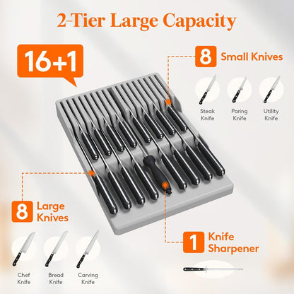 Magnetic Drawer Knife Organizers Insert Pastic for 16 Knives, Gray | Kitchen Plastic In Drawer Knife Block Slots, Steak Chefs Knives Holder Storage for 16 Knives and 1 Sharpening Steel 16.5"