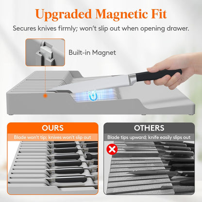 Magnetic Drawer Knife Organizers Insert Pastic for 16 Knives, Gray | Kitchen Plastic In Drawer Knife Block Slots, Steak Chefs Knives Holder Storage for 16 Knives and 1 Sharpening Steel 16.5"