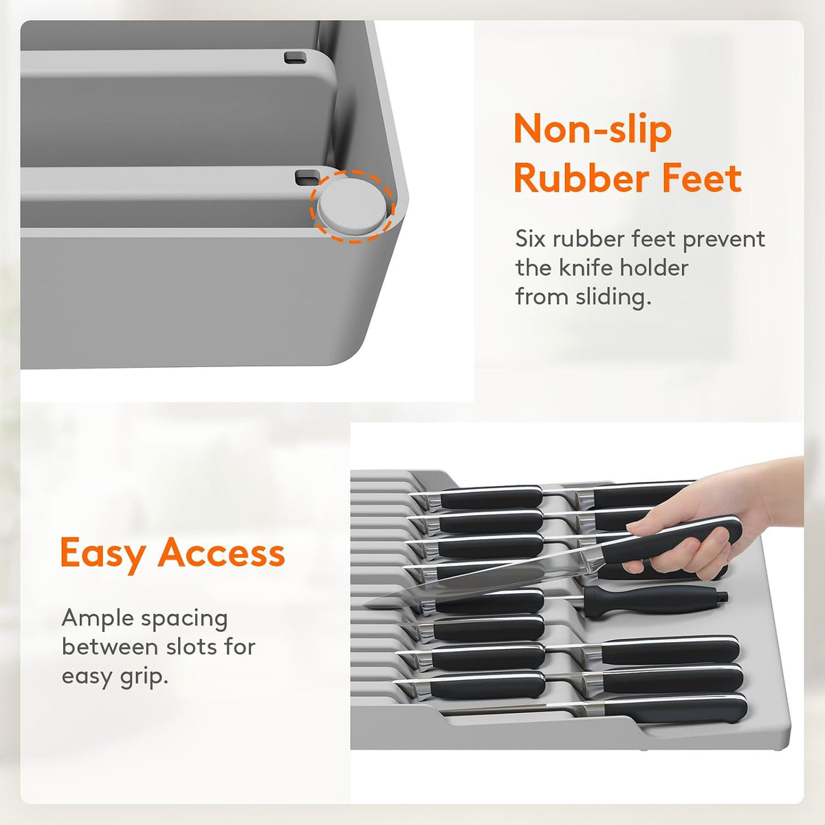 Magnetic Drawer Knife Organizers Insert Pastic for 16 Knives, Gray | Kitchen Plastic In Drawer Knife Block Slots, Steak Chefs Knives Holder Storage for 16 Knives and 1 Sharpening Steel 16.5"