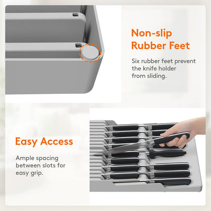 Magnetic Drawer Knife Organizers Insert Pastic for 16 Knives, Gray | Kitchen Plastic In Drawer Knife Block Slots, Steak Chefs Knives Holder Storage for 16 Knives and 1 Sharpening Steel 16.5"