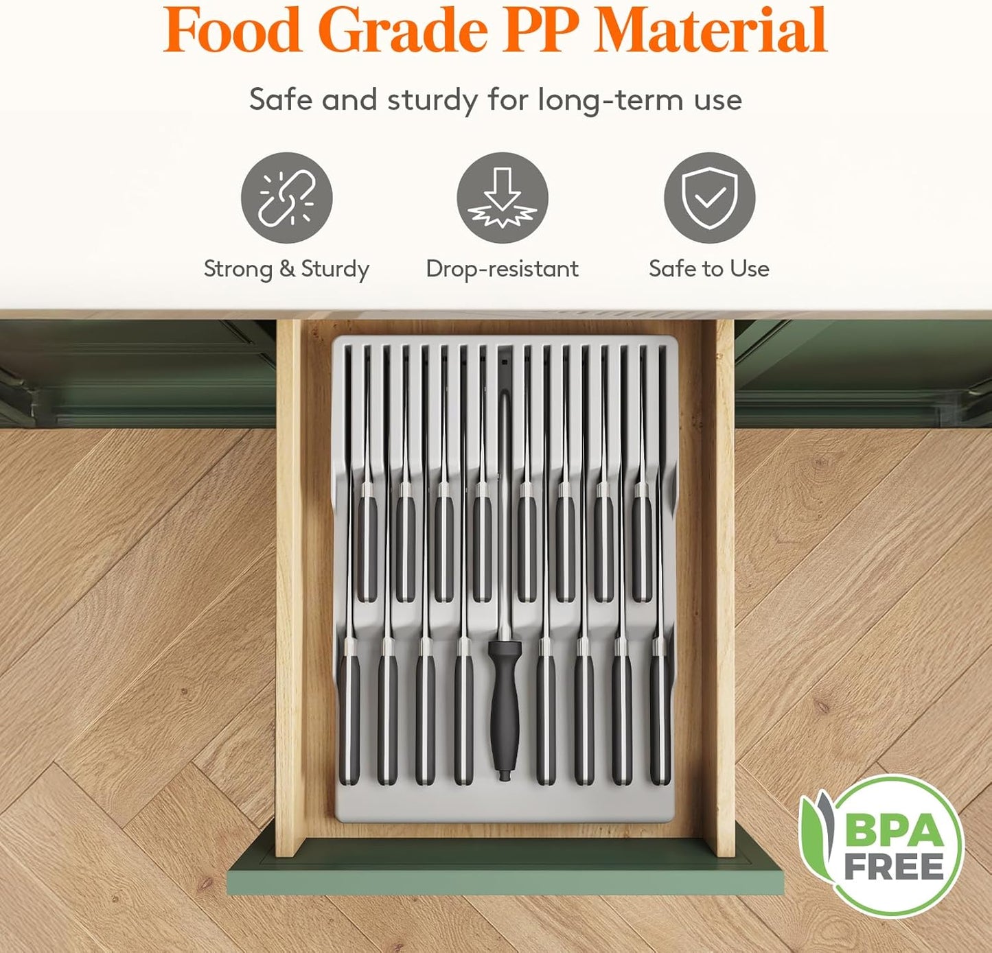 Magnetic Drawer Knife Organizers Insert Pastic for 16 Knives, Gray | Kitchen Plastic In Drawer Knife Block Slots, Steak Chefs Knives Holder Storage for 16 Knives and 1 Sharpening Steel 16.5"
