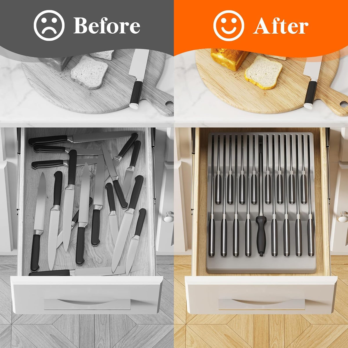 Magnetic Drawer Knife Organizers Insert Pastic for 16 Knives, Gray | Kitchen Plastic In Drawer Knife Block Slots, Steak Chefs Knives Holder Storage for 16 Knives and 1 Sharpening Steel 16.5"