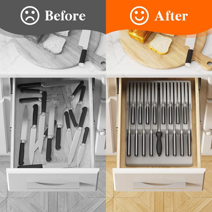 Magnetic Drawer Knife Organizers Insert Pastic for 16 Knives, Gray | Kitchen Plastic In Drawer Knife Block Slots, Steak Chefs Knives Holder Storage for 16 Knives and 1 Sharpening Steel 16.5"