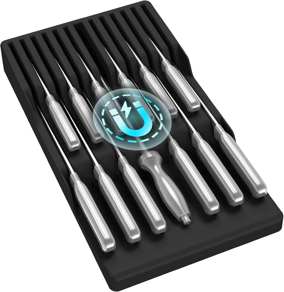 Magnetic Drawer Knife Organizers Insert Pastic for 16 Knives, Gray | Kitchen Plastic In Drawer Knife Block Slots, Steak Chefs Knives Holder Storage for 16 Knives and 1 Sharpening Steel 16.5"