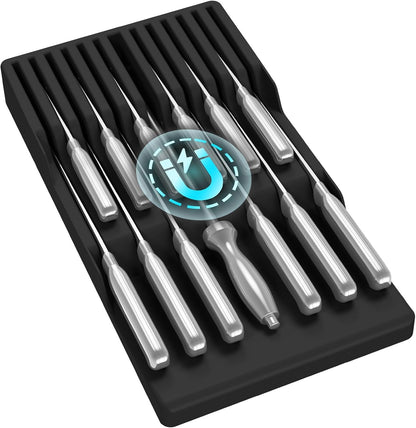 Magnetic Drawer Knife Organizers Insert Pastic for 16 Knives, Gray | Kitchen Plastic In Drawer Knife Block Slots, Steak Chefs Knives Holder Storage for 16 Knives and 1 Sharpening Steel 16.5"
