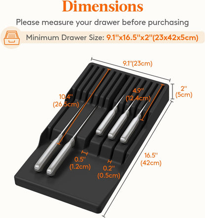 Magnetic Drawer Knife Organizers Insert Pastic for 16 Knives, Gray | Kitchen Plastic In Drawer Knife Block Slots, Steak Chefs Knives Holder Storage for 16 Knives and 1 Sharpening Steel 16.5"