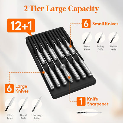 Magnetic Drawer Knife Organizers Insert Pastic for 16 Knives, Gray | Kitchen Plastic In Drawer Knife Block Slots, Steak Chefs Knives Holder Storage for 16 Knives and 1 Sharpening Steel 16.5"