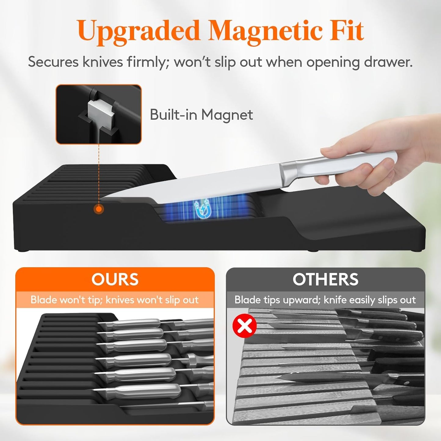Magnetic Drawer Knife Organizers Insert Pastic for 16 Knives, Gray | Kitchen Plastic In Drawer Knife Block Slots, Steak Chefs Knives Holder Storage for 16 Knives and 1 Sharpening Steel 16.5"
