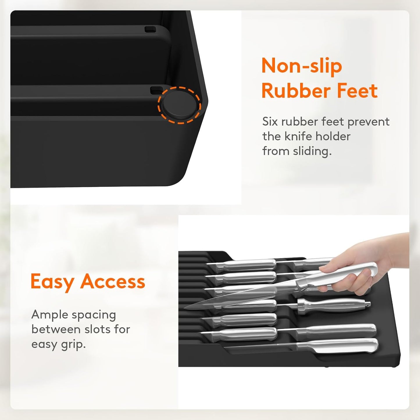Magnetic Drawer Knife Organizers Insert Pastic for 16 Knives, Gray | Kitchen Plastic In Drawer Knife Block Slots, Steak Chefs Knives Holder Storage for 16 Knives and 1 Sharpening Steel 16.5"