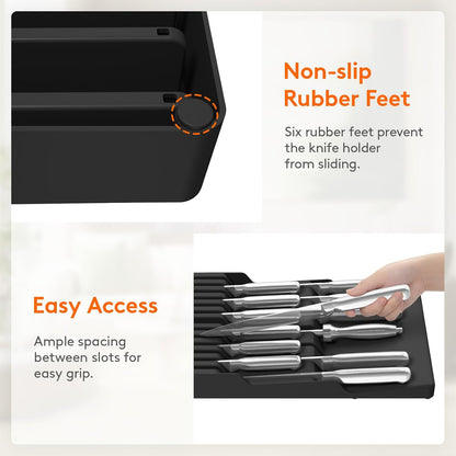 Magnetic Drawer Knife Organizers Insert Pastic for 16 Knives, Gray | Kitchen Plastic In Drawer Knife Block Slots, Steak Chefs Knives Holder Storage for 16 Knives and 1 Sharpening Steel 16.5"