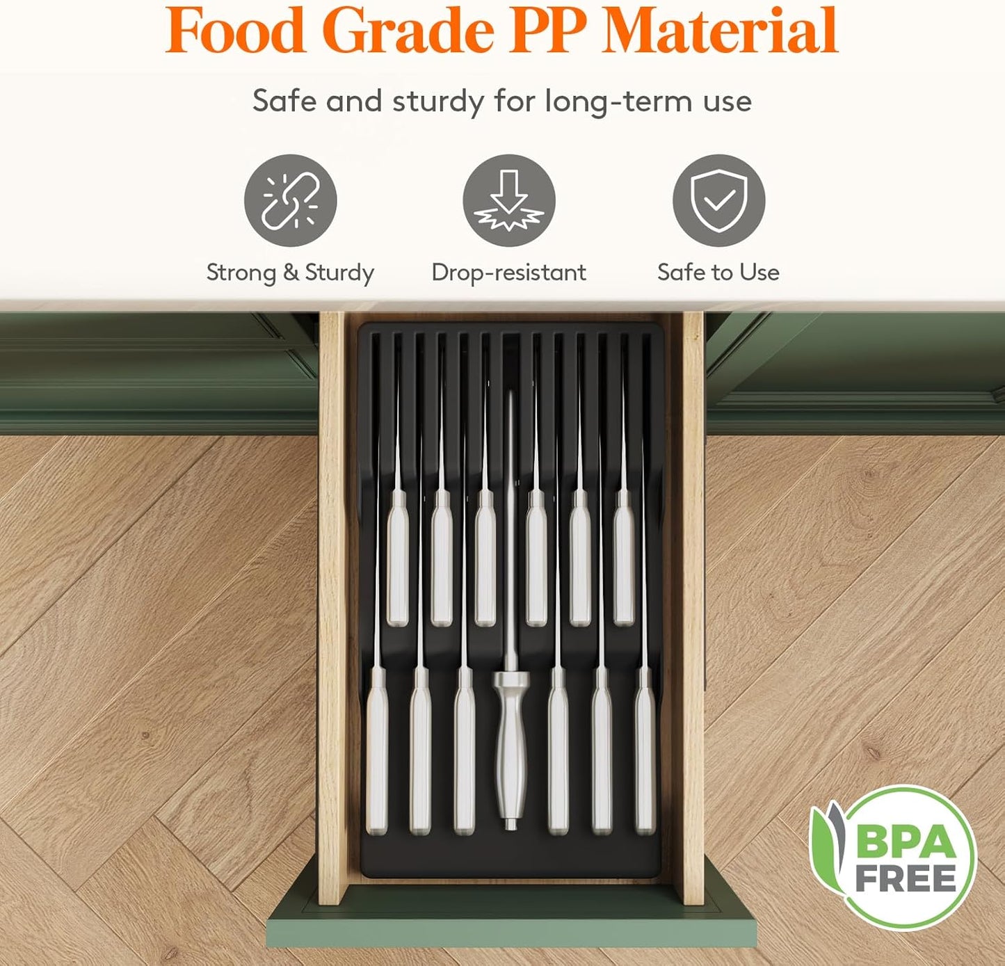 Magnetic Drawer Knife Organizers Insert Pastic for 16 Knives, Gray | Kitchen Plastic In Drawer Knife Block Slots, Steak Chefs Knives Holder Storage for 16 Knives and 1 Sharpening Steel 16.5"