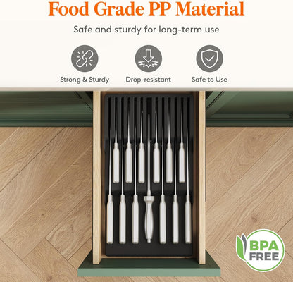 Magnetic Drawer Knife Organizers Insert Pastic for 16 Knives, Gray | Kitchen Plastic In Drawer Knife Block Slots, Steak Chefs Knives Holder Storage for 16 Knives and 1 Sharpening Steel 16.5"