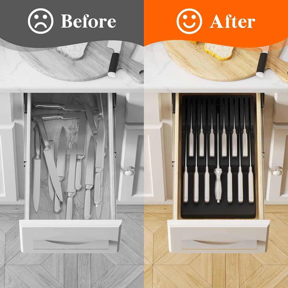 Magnetic Drawer Knife Organizers Insert Pastic for 16 Knives, Gray | Kitchen Plastic In Drawer Knife Block Slots, Steak Chefs Knives Holder Storage for 16 Knives and 1 Sharpening Steel 16.5"